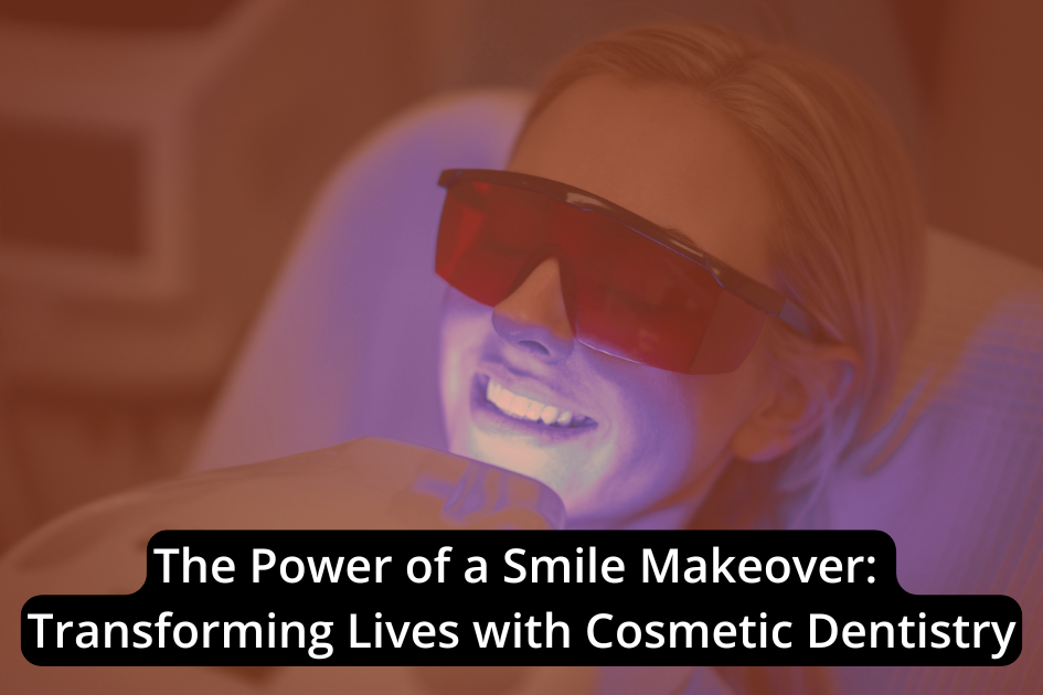 Person undergoing a cosmetic dental procedure with protective eyewear and a glowing light, accompanied by the text "The Power of a Smile Makeover: Transforming Lives with Professional Teeth Whitening.