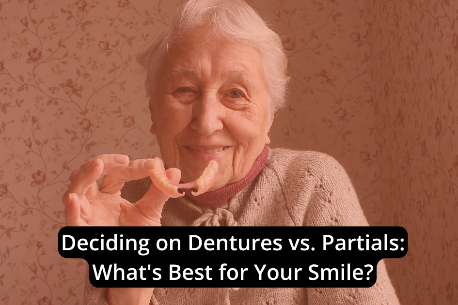 An elderly person beams a warm smile, proudly displaying their dentures against a vibrant floral wallpaper backdrop.