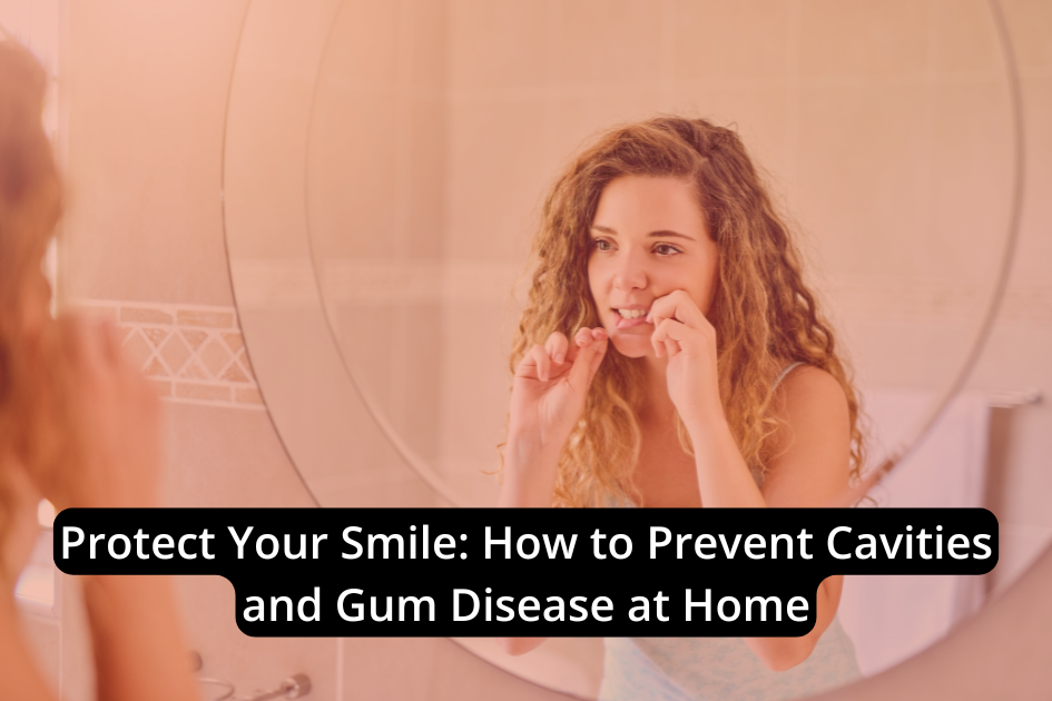 Person flossing teeth in front of a mirror. Text on image reads: "Protect Your Smile: Tips to Enhance Oral Health and Prevent Cavities at Home.