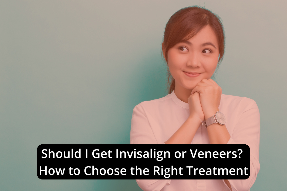 Person in a white shirt looking to the side, smiling, with their hands clasped near their chin. Text overlay: "Choosing the Right Treatment: Invisalign or Veneers?.