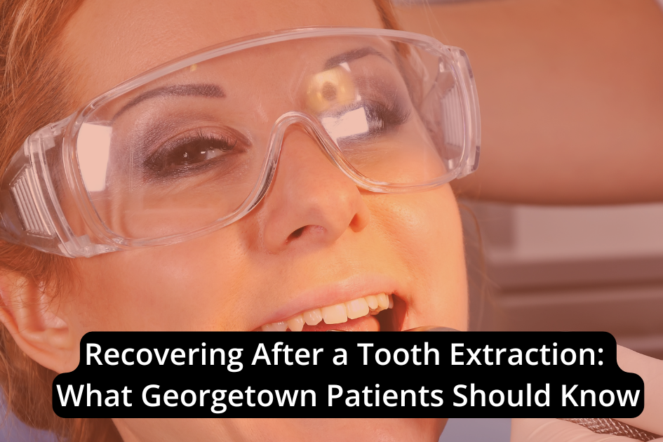 A person wearing protective eyewear at a Georgetown dental clinic with the text: "Tooth Extraction Recovery: What Georgetown Patients Should Know.