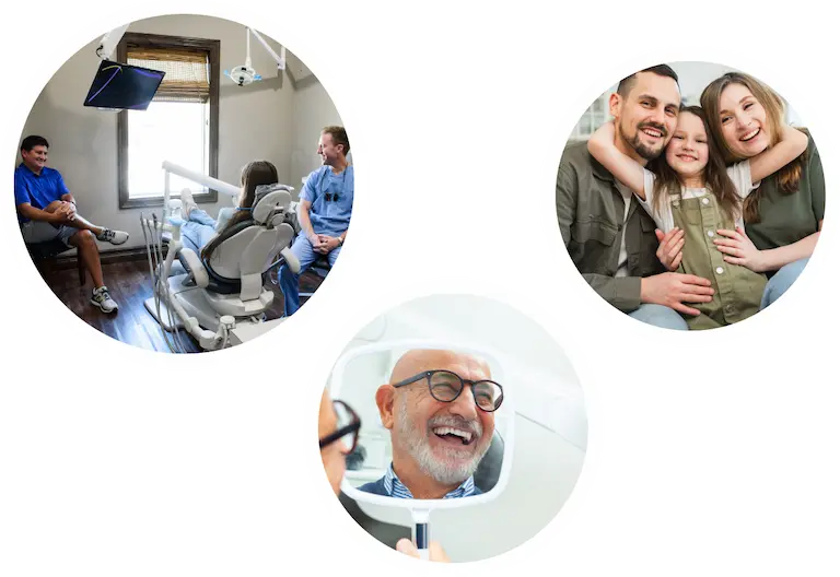 Three circular images representing family dental care: a dentist consulting with a patient, a smiling family embracing, and an older man admiring his smile in a mirror—highlighting trust, happiness, and personalized treatment across generations.